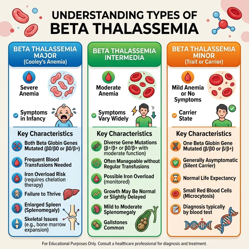 Types of beta thalassemia and their severity levels