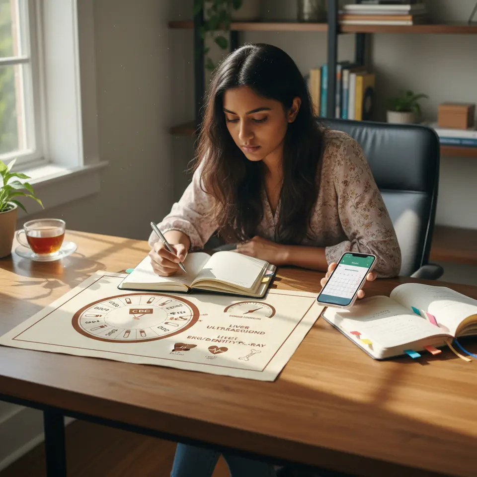 Infographic of essential thalassemia monitoring practices: a monthly calendar marked with CBC (complete blood count) test vials, a serum ferritin gauge showing iron levels, icons for liver ultrasound, EKG/echocardiogram heart scan, bone density X-ray, and a smartphone or journal tracking results and appointments
