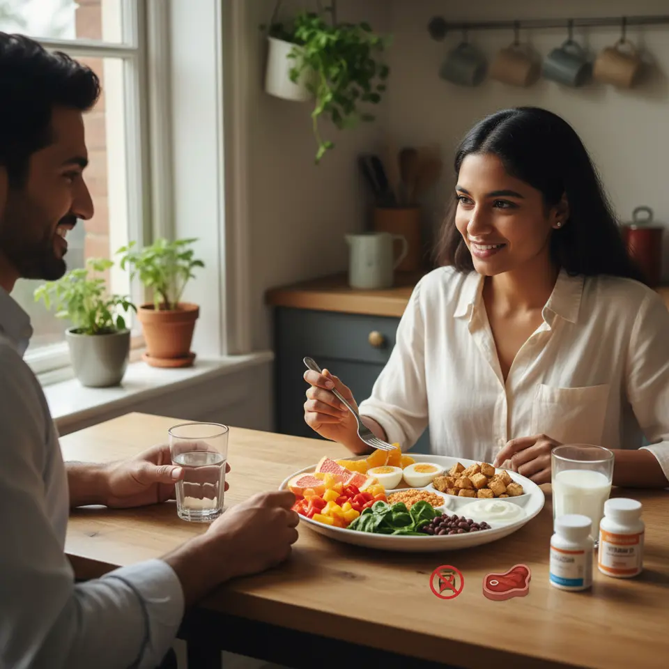 Illustration of a thalassemia-friendly balanced meal: a plate divided into sections highlighting vitamin C foods (citrus slices, bell peppers), folate sources (dark leafy greens, beans), vitamin B12 items (eggs, yogurt), plant-based proteins (tofu, lentils), with small icons indicating limited red meat, and supplement visuals for calcium and vitamin D